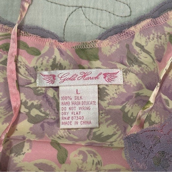 NEW Gold Hawk Floral Print Lace Silk Cami Sz L Pink Blossom Purple Lace - Picture 7 of 7